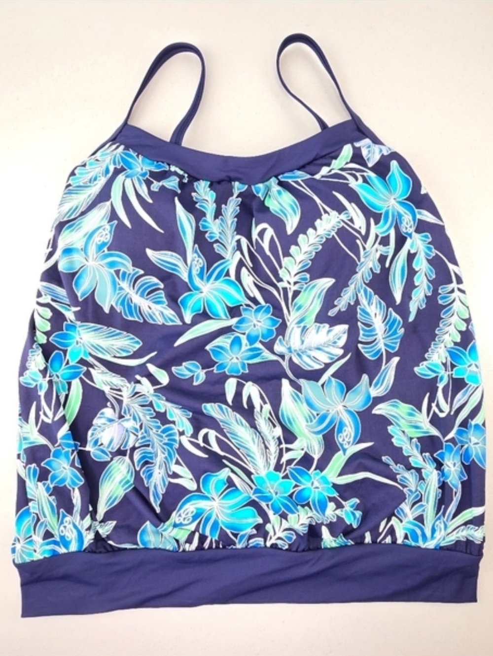 Lands’ End Blouson Tankini Top Built-In Bra Deep Sea/Sealily Floral Size 8 NWT
